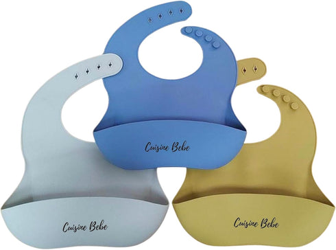 Set of 3 silicone baby bibs | Waterproof, easy to clean, BPA free, soft and adjustable | Nice combination of beige, grey and ochre colors...