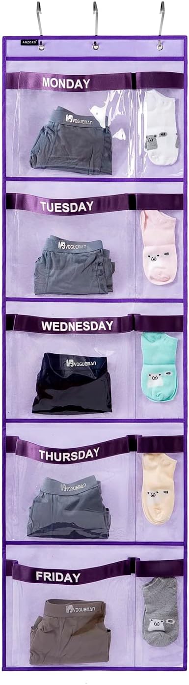 Weekly Kids Clothes Organizer Day of Week School Clothing Storage Monday to Friday Hanging Closet Organizer (PURPLE)...
