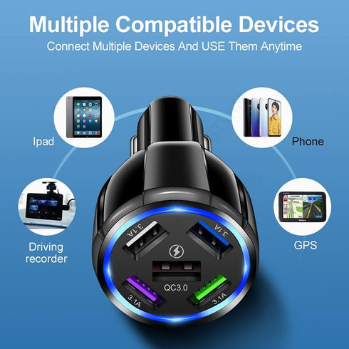 Car Charger Adapter, 5 Port QC3.0 Fast Charging Car Cigarette Lighter USB Charger, Compatible with iPhone, Android, Samsung, iPad Pro, and More (B...