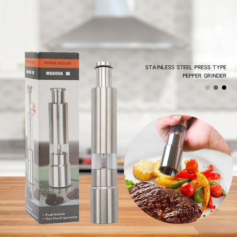 Premium Stainless Steel Salt Grinder Pepper Mill for Peppercorns Sea Salt and Spices, Thumb Push Button for 1 Hand Operation for Grinding Salt and...