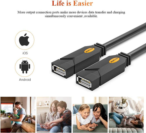 USB Splitter, ELECTOP 2 Ports USB A Hub, Dual Female Y Charging Splitter Cord Support iOS & Android System Data Sync & Charging...