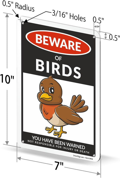 SmartSign Funny Beware Of Birds Warning Sign - 10"x7", 40 mil Laminated Rust-free Aluminum - Metal Signs for Wall Decor, Outdoors, Garden, Patio, ...