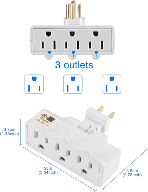 UL Listed 3 Outlet Wall Adapter, FiiMan 3-Prong Grounded 180 Degree Swivel Wall Plug Adapter Adjustable 3 Way Outlet Extender Tap (1 Pack, White)...