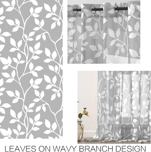 XTMYI Light Grey Small Window Curtain Panels for Bathroom,Grommet Leaf Striped Pattern Design Sheer Half Short Curtains for Bedroom Kitchen Set,Gr...