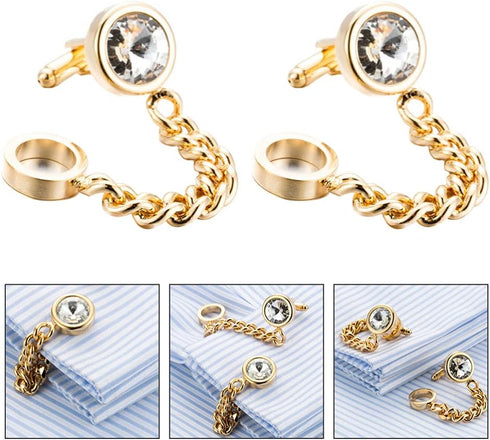 Amosfun 1 Pair Crystal Cufflinks with Chain Golden Mens Business Wedding Shirt Cufflinks Set Shirt Accessories for Men Attire Storage Travel Box O...