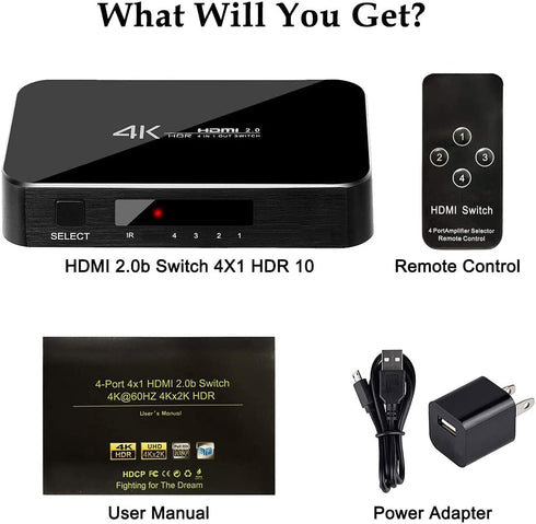 HDMI Switch 4X1, 4K Ultra HD HDMI Switcher Support HDMI 2.0 HDCP 2.2, 3D, 1080P, 4Kx2k@60Hz (IR Remote Control)...