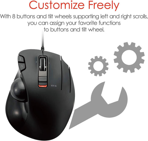 ELECOM EX-G Wired Trackball Mouse, Ergonomic, Thumb Control, Smooth Tracking Roller Ball, 6 Programmable Buttons, Tilt Scroll Computer Mice for PC...