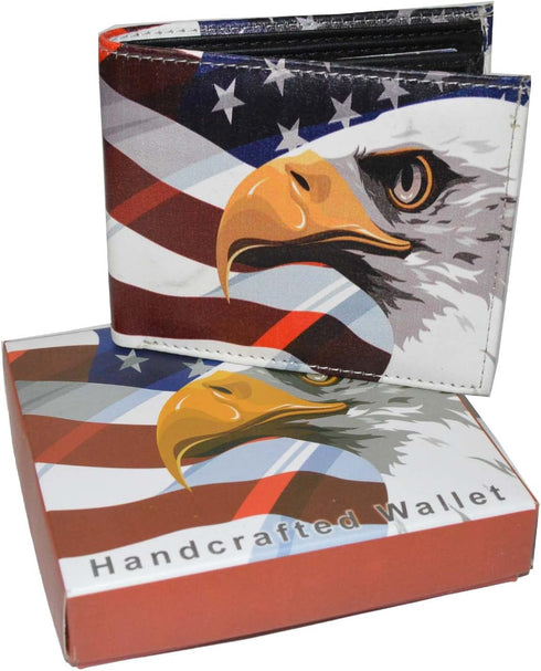 LB LEATHERBOSS Mens Bifold Exotic Wallet Picture US America Flag and Eagle with printed gift box...