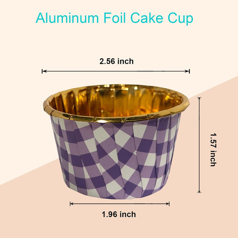 50 Pack Gingham Foil Cupcake Baking Cups, 3.5 Oz Checkered Gold Liners Muffin Mini Cake Mold Cups Wrappers Ramekins Holders (50, Purple Checkered)...