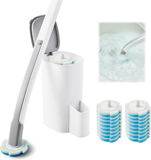 Disposable Toilet Brush and Holder Set with 16 Refills, Toilet Bowl Brush Cleaner Long Handle Wand, Compact Bathroom Toilet Scrubber Cleaning Supp...