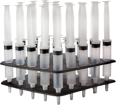 25 Pack (1oz) Jello Shot Syringes Combo with Tray/Racking Stand - 100% Safe & Reusable Plastic Syringes for Jello Shots - Small Syringe Shots Holi...