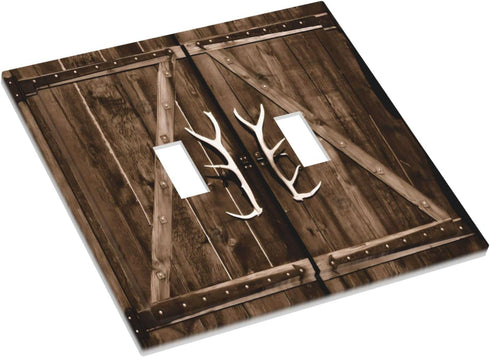 Farmhouse Antler Barn Door 2 Gang Double Toggle Light Switch Cover Decorative Wall Plate Electrical Faceplate For Country Farm Bathroom Home Livin...