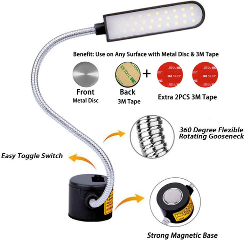 Sewing Machine Light LED Lighting (30LEDs) 6 Watt for Workbench Lathe Drill Press Daylight White Flexible Gooseneck Arm Work Lamp with Magnetic Mo...