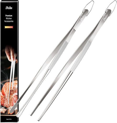 iNeibo Multipurpose Cooking Tweezers Tongs 2 Pack 12 inch/30cm 304 Stainless Steel Straight Tweezers - Extra Long Kitchen Food Tweezers Tongs for ...