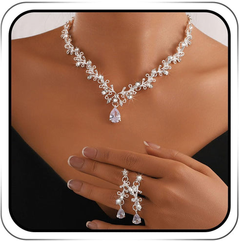 Rhinestone Jewelry Set Silver Sparkly Crystal Prom Necklace Jewelry for Women...