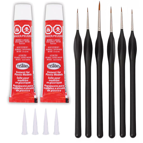 Testors Plastic Cement Glue and Pixiss Miniatures Paint Brushes - Strong, Fast Drying Model Glue for Model Cars, DND Miniatures - Fine Detail Roun...