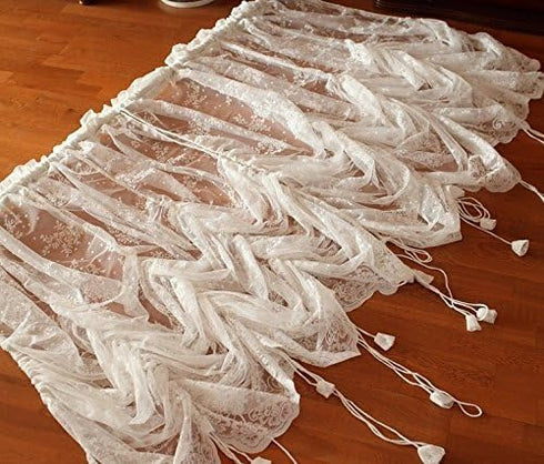 FADFAY Lace Balloon Curtain White Adjustable Tie-Up Curtain Shade, Embroidered Semi Sheer Farmhouse Drape for Living Room Bedroom Dining Room, 1 P...