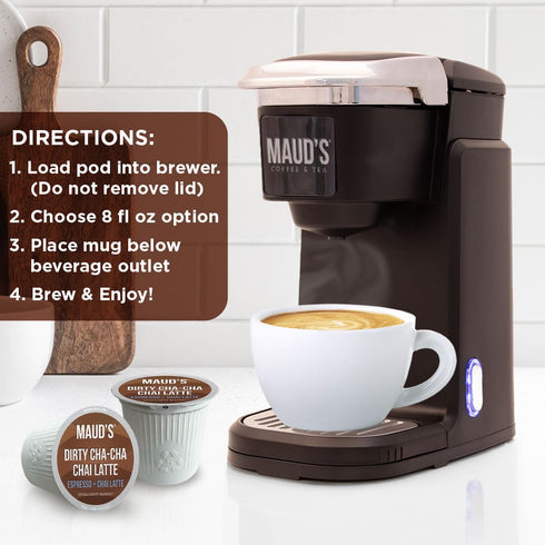 Maud's Espresso Chai Tea Pods Single Serve, 18ct | Dirty Cha-Cha Chai Tea Latte K Cups | 100% California Blended Tea Leaves | Recyclable Pods Sola...