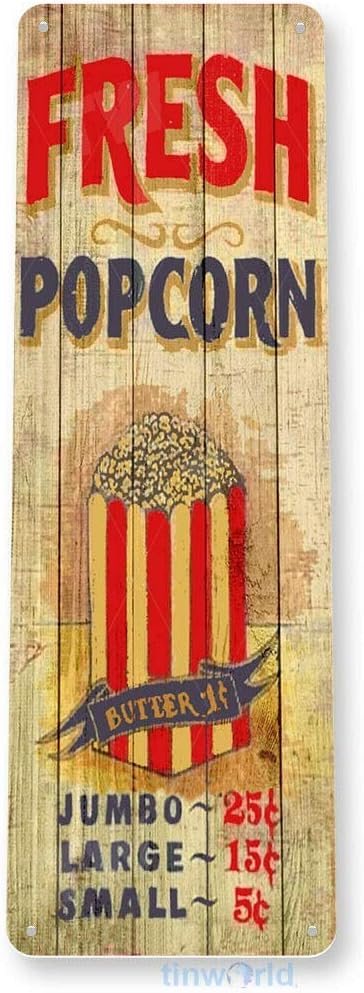 Popcorn Sign Hot Fresh Butter Popcorn Machine Movie Theater Cinema Tin Sign,16" X 4"...