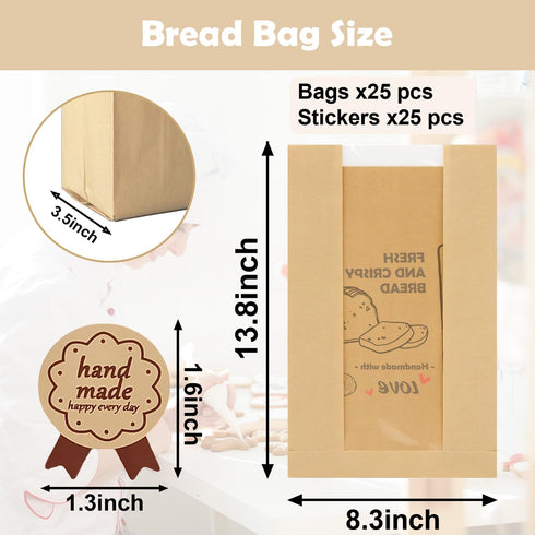 25 PCS Kraft Paper Bread Bags for Homemade Bread with Clear Window Large Sourdough Bread Bags Includes Label Seal Stickers Bakery Food Packaging B...