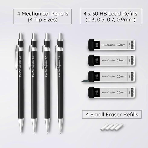 MozArt Mechanical Pencil Set with Case - 4 Sizes: 0.3, 0.5, 0.7 & 0.9mm with 30 HB Lead Refills Each & 4 Eraser Refills -Sketch, Drafting, Art, Dr...