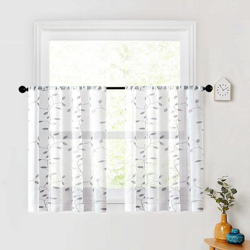MRTREES Sheer Tier Curtains, Voile Short Kitchen Tiers Rod Pocket, Leaves Embroidery Bathroom Curtain Panels Small Half Window Treatment for Bedro...