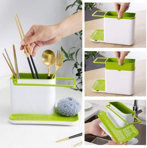 3-in-1 Sink Caddy Sponge Holder, Sturdy Countertop Cutlery Holder Organizer -Kitchenware Holder, Brush Holder + Dish Cloth Hanger (Light Gray)...