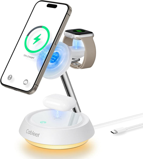 3 in 1 Wireless Charging Station with Light for Apple Devices, 15W Magnetic Wireless Charger Stand Fast Charging for iPhone 15 14 13 12, AirPods a...