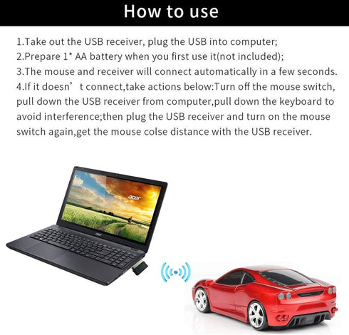 Sleep Sport Car Shaped Wireless Computer Mouse Ergonomic Gaming Optical Mouse USB 2.4G Mini Receiver Office Accessories for PC Windows Laptop Note...