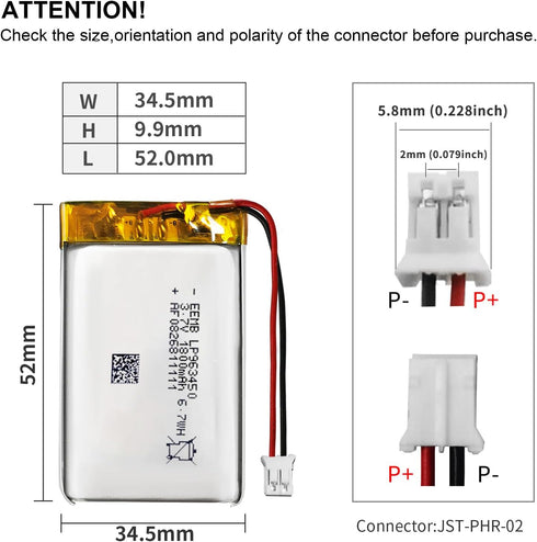 EEMB Lithium Polymer Battery 3.7V 1800mAh 963450 Lipo Rechargeable Battery Pack with Wire JST Connector for Speaker and Wireless Device- Confirm D...