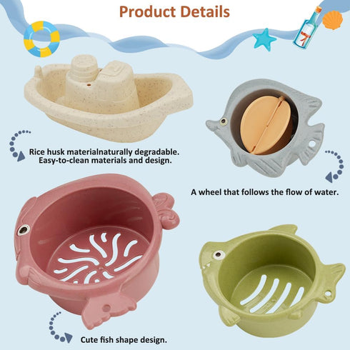 Baby Bath Toys Floating Boats and Sea Animal Shapes Stackable Cups for Toddlers 1-3 | 11 PCS Mold Free Bathtub Toy for Infants 6-12 Months | No Mo...