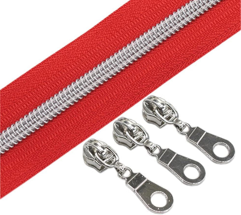 YaHoGa #5 Silver Metallic Nylon Coil Zippers by The Yard Bulk Red Tape 10 Yards with 25pcs Pulls for DIY Sewing Tailor Craft Bag (Red)...