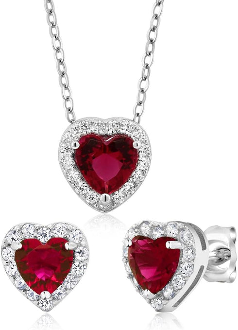 Gem Stone King 925 Sterling Silver Heart Shape Red Zirconia Earrings and Pendant Set For Women (3.45 Cttw, with 18 Inch Silver Chain)...
