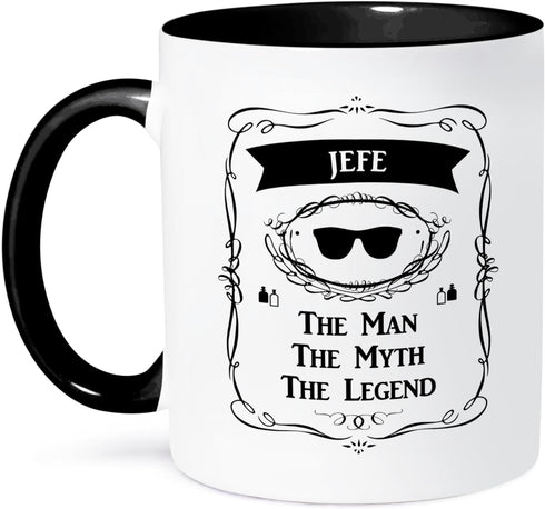 3dRose mug_232417_4 Jefe - The Man The Myth The Legend dad father boss chief in Spanish - Two Tone Black Mug, 11oz...