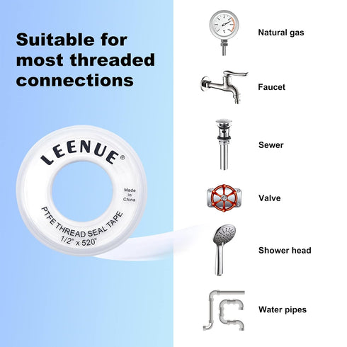 PTFE Plumbers Tape, 1/2 Inch(W) X 520 Inches(L) Teflon Tape 4 Mil Thickness to Prevent Leakage of Pipes, Plumbing Tape Thread Seal Tape for Shower...