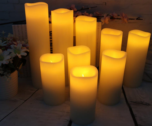 Flameless Candles Battery Operated Candles 4" 5" 6" 7" 8" 9" Set of 9 Ivory Real Wax Pillar LED Candles with 10-Key Remote and Cycling 24 Hours Ti...