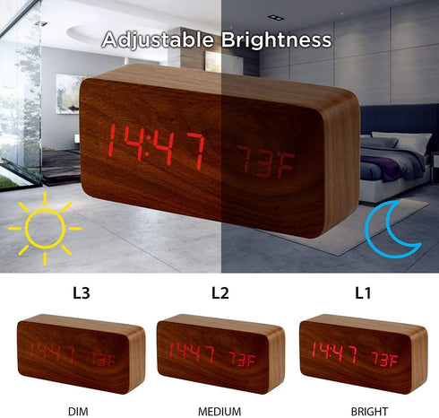 OCT17 Wooden Digital Alarm Clock, Multi-Function Smart Alarm Clock, LED Light Alarm Clock with USB Power Supply, Voice Control, Thermometer - Brow...