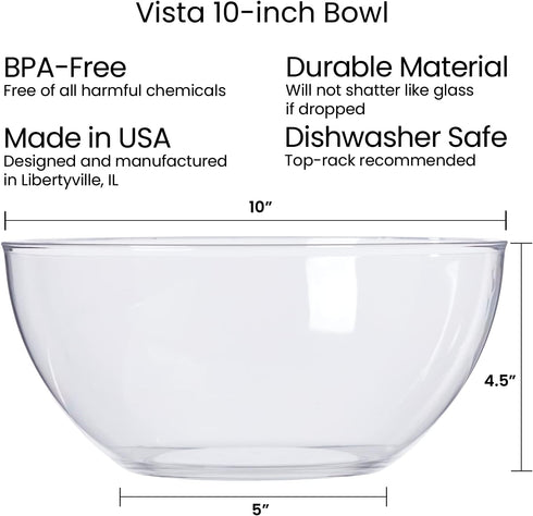 US Acrylic Vista Clear Plastic Salad and Serving 10-inch Bowls | set of 3 | Reusable, BPA-free, Made in the USA | 135 oz. capacity...