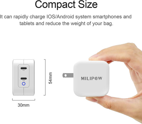 Milipow 40W Dual Ports PD3.0 USB-C Type-C Compact Charger Adapter Compatible with A Variety of Smartphones, IPad Pro, IPad Air, Google Pixel, AirP...