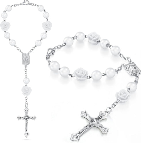 2 Pieces Car Rosary Rearview Mirror Auto Rosary Religious Car Mirror Hanging Accessories for Car Personalized Protection Charm for Auto Decors (Wh...