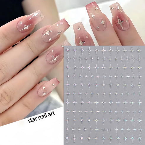 Shiny Crystal Star Nail Stickers for Nail Art, 6 Sheets Shiny White Silver Stars Nail Decals 3D Self-Adhesive Star Nail Designs Sticker Nail Tips ...