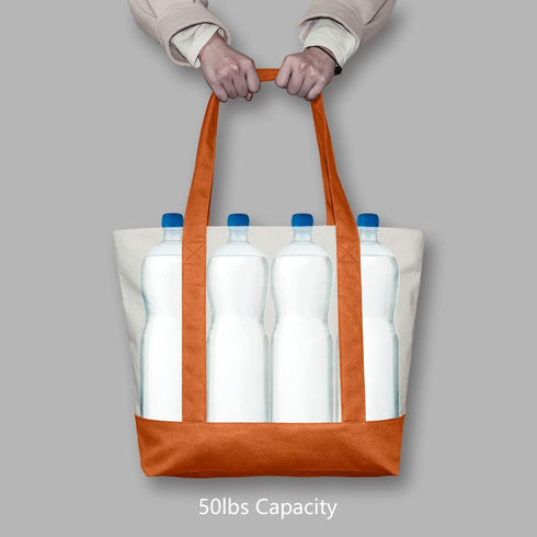 TOPDesign 1-Pack Canvas Tote Bag with an External Pocket, Reusable Grocery Shopping Bag, Top Zipper Closure, Daily Essentials (Orange/Natural)...