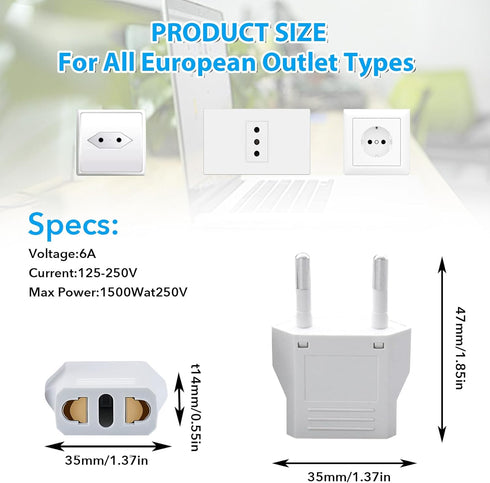 4Pcs European Travel Plug Adapter,Us to Europe Plug Adapter,Easy to Use Fireproof Safe Europe Travel Adapter,Us to EU Plug Adapter for Italy,Franc...