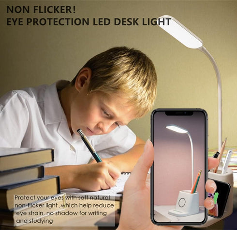 Small Desk Lamp with Wireless Charger, Desk Lights for Home Office - LED, White,Brightness Adjustment, 3 Color Modes,500LM, Study Lamp with Pen Ho...