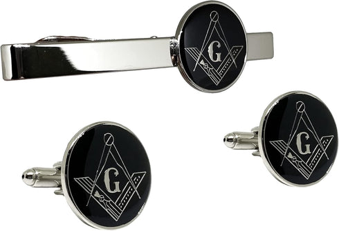 Masonic Freemason Square Compass Tie Clip Cufflinks TieBar Accessory Set...