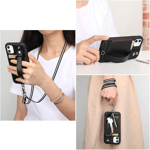 TOOVREN for iPhone 11 Wallet Lanyard Case Protective Cover with PU Leather Card Holder Adjustable Detachable Phone Lanyard Stand Strap for iPhone ...