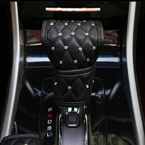 Uphily Black Leather Automotive Gear Shift Knob Cover - Car Interior Accessories Gear Shifter Cover with Bling Diamond Crystal Rhinestones for Wom...