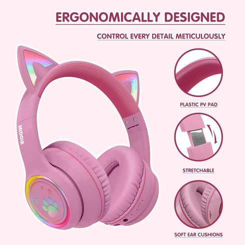 Headphones Cat Ear Wireless Bluetooth 5.3 60H Over Ear, 8H with Led Light Foldable Music Gaming Headset with Aux 3.5mm Mic for Game Pad Tablet Lap...