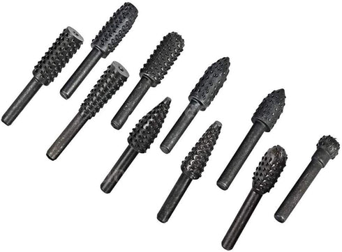 10pc 1/8''(3mm) Shank Carbon Steel Rotary Burr Rasp Set Wood Carving File Rasp Drill Bits for DIY Woodworking Wood Carving Polishing Grinding Engr...