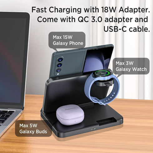 Miimall Foldable 3 in 1 Wireless Charger Fast Charging for Samsung Galaxy Z Fold & Flip 6/5/4/3/2,Galaxy S24+/S23+/S22, Portable Wireless Charging...